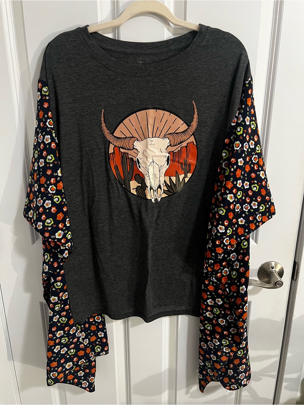 Up cycled Western Graphic Top with Floral Kimono Sleeves